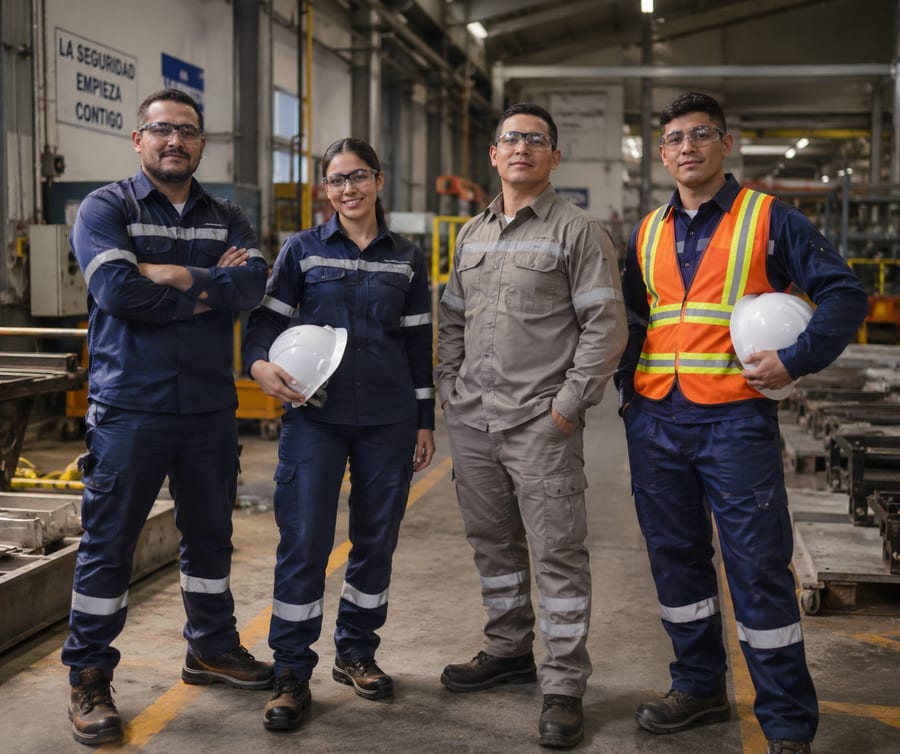 Equipo de trabajadores con uniformes industriales de cinta reflectiva confeccionados por LEO'S en Honduras
