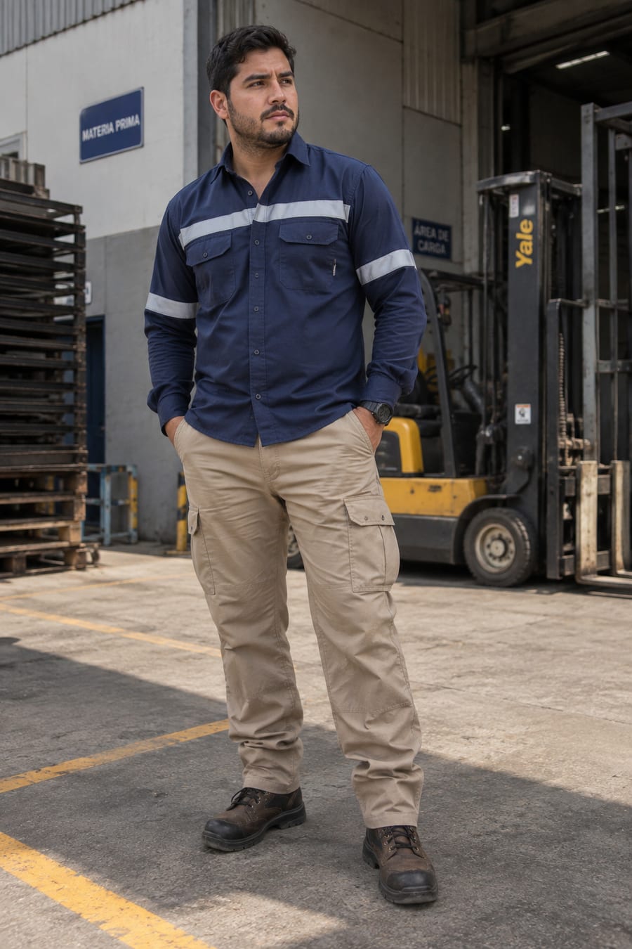 Camisa industrial azul con cinta reflectiva y pantalón cargo confeccionados a la medida