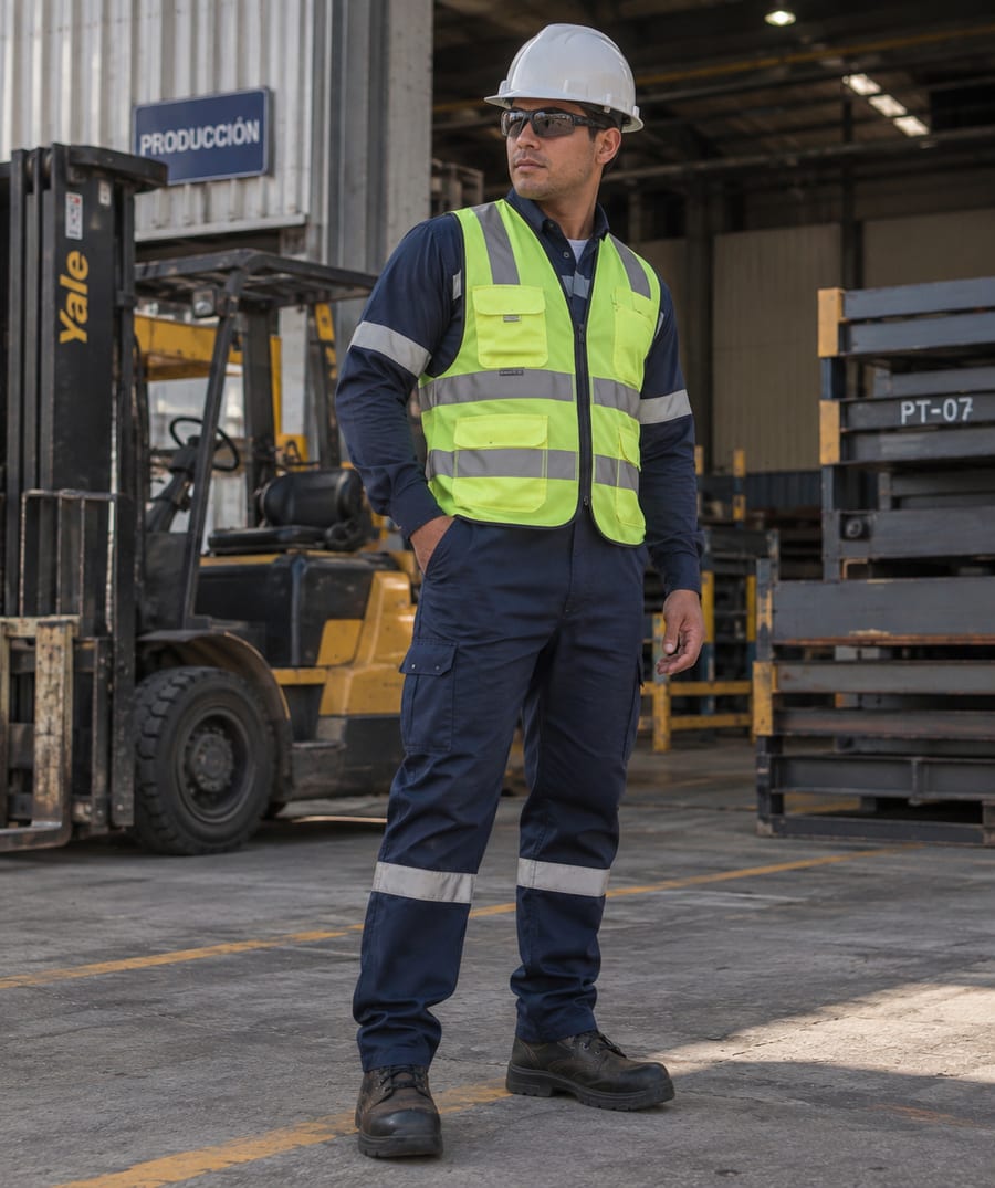 Uniforme industrial con chaleco reflectivo y casco de seguridad en planta de producción