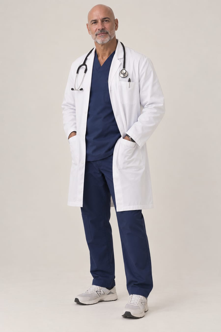 Bata médica blanca sobre scrub azul confeccionada a la medida para personal de salud
