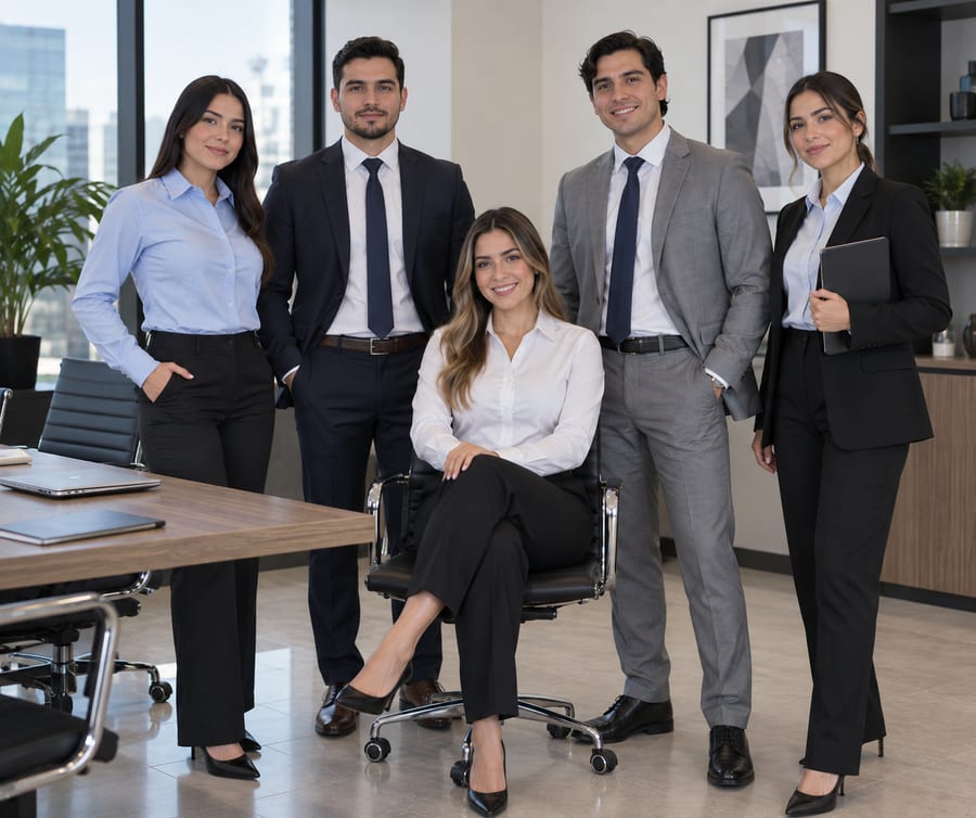 Equipo ejecutivo con uniformes de oficina y trajes confeccionados por LEO'S en Honduras