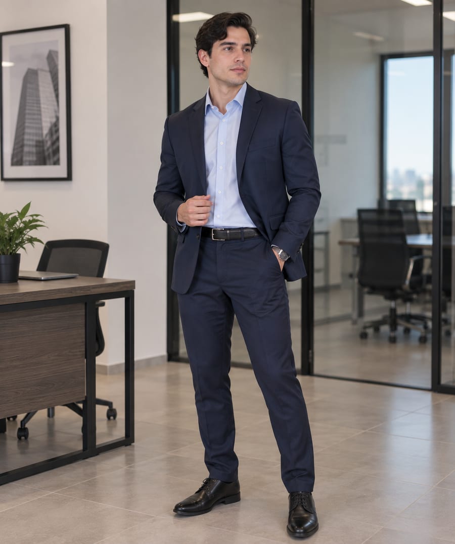 Traje completo azul marino de oficina confeccionado a la medida para personal ejecutivo